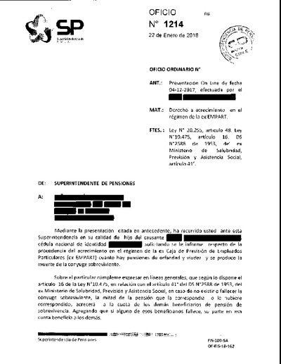 Oficio Ordinario Nº 1214, del 22 de enero de 2018