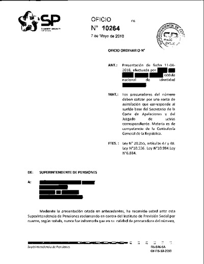Oficio Ordinario Nº 10264, del 7 de mayo de 2018