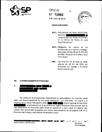 Oficio Ordinario Nº 12592, del 4 de junio de 2018