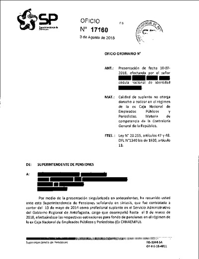 Oficio Ordinario Nº 17160, del 3 de agosto de 2018