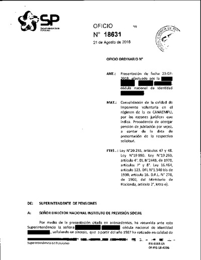 Oficio Ordinario Nº 18631, del 21 de agosto de 2018