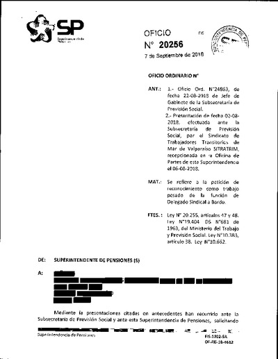 Oficio Ordinario Nº 20256, del 7 de septiembre de 2018