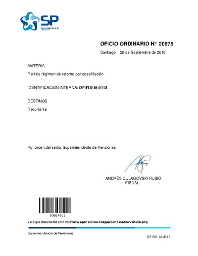 Oficio Ordinario Nº 20975, del 20 de septiembre de 2018