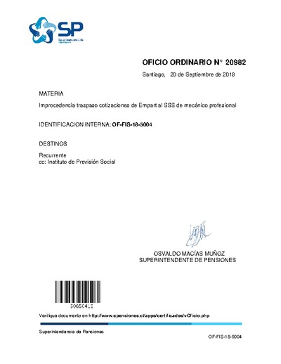 Oficio Ordinario Nº 20982, del 20 de septiembre de 2018