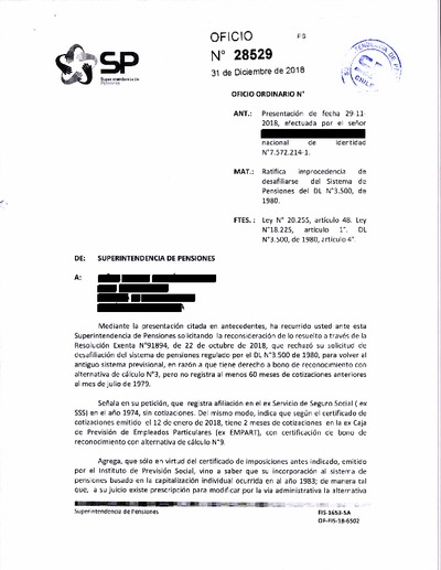 Oficio Ordinario Nº 28529, del 31 de diciembre de 2018