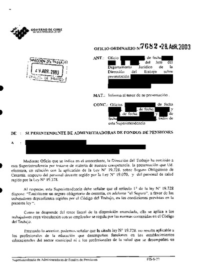 Oficio Ordinario Nº 7682, del 28 de abril de 2003