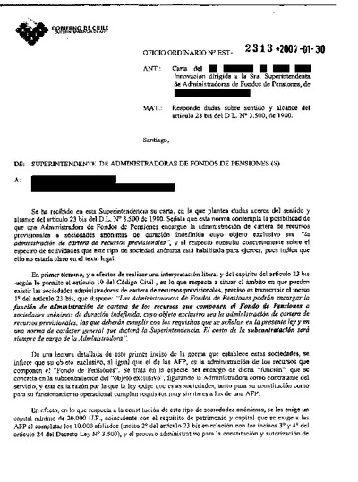 Oficio Ordinario Nº 2313, del 30 de enero de 2007