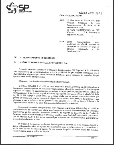 Oficio Ordinario Nº 16533, del 15 de octubre de 2008