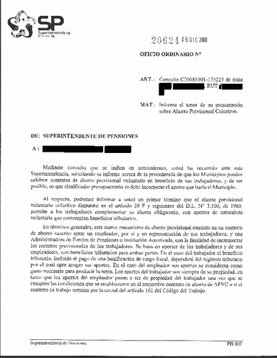 Oficio Ordinario Nº 20624, del 9 de diciembre de 2008