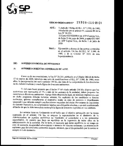 Oficio Ordinario Nº 21910, del 1 de septiembre de 2009