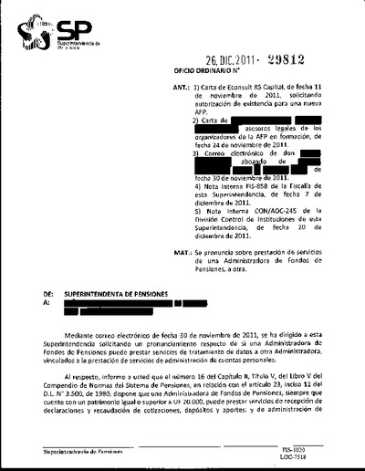Oficio Ordinario Nº 29812, del 26 de diciembre de 2011