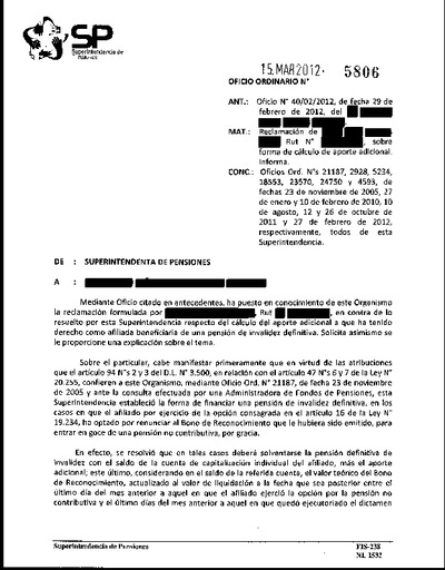 Oficio Ordinario N° 5806, del 15 de marzo de 2012