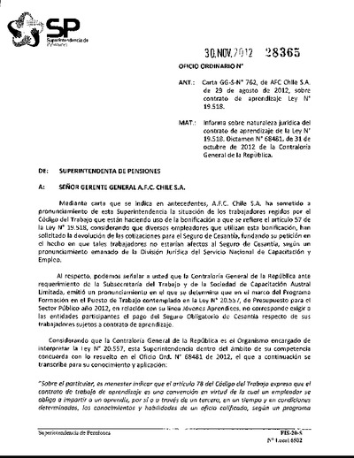 Oficio Ordinario N° 28365, del 30 de noviembre de 2012