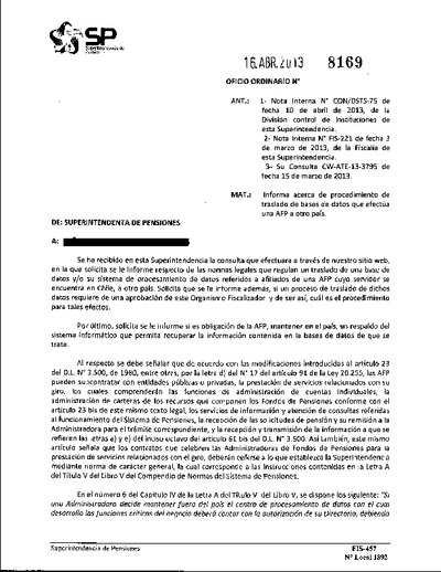 Oficio Ordinario Nº 8169, del 16 de abril de 2013