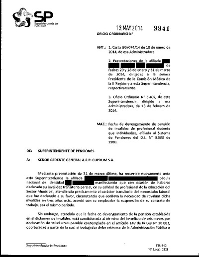 Oficio Ordinario Nº 9941, del 13 de mayo de 2014