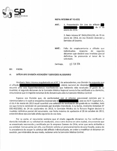 Nota Interna N° 72, del 5 de febrero de 2014