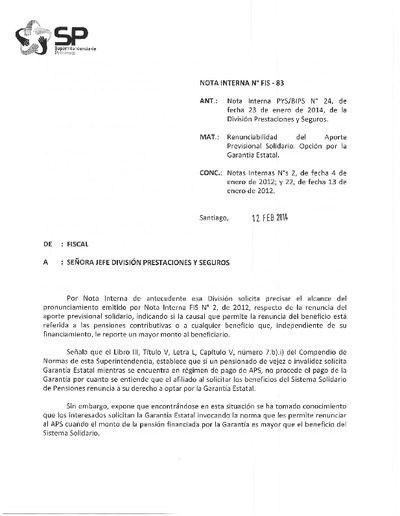 Nota Interna N° 83, del 12 de febrero de 2014