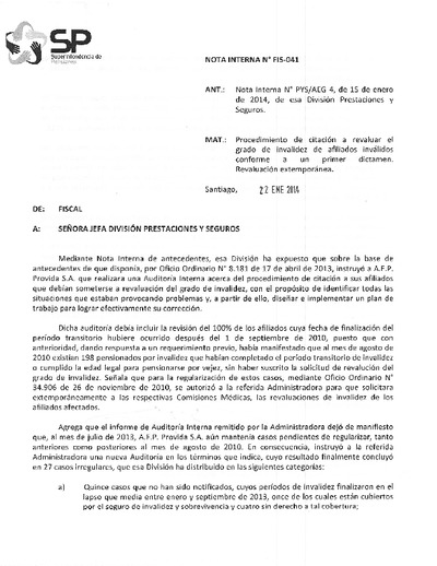Nota Interna N° 41, del 22 de enero de 2014