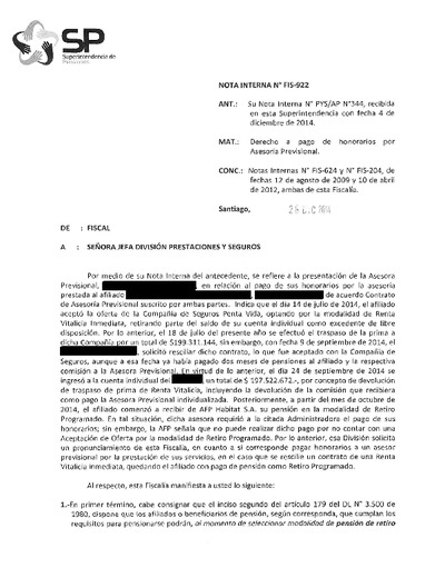 Nota Interna N° 922, del 26 de diciembre de 2014