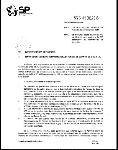 Oficio Ordinario Nº 876, del 15 de enero de 2015