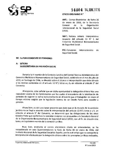 Oficio Ordinario Nº 14404, del 14 de junio de 2016