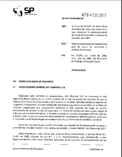 Oficio Ordinario Nº 478, del 12 de enero de 2017