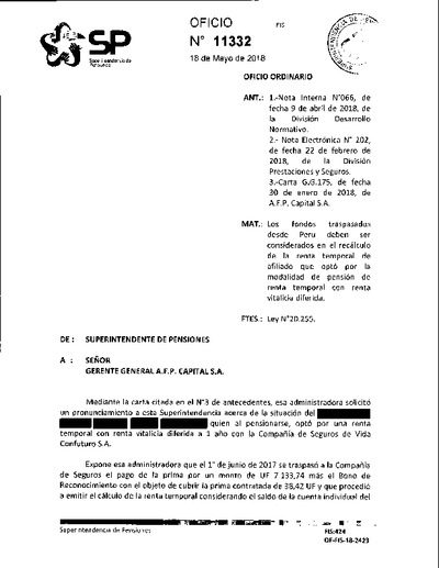 Oficio Ordinario Nº 11332, del 18 de mayo de 2018