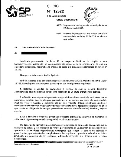 Oficio Ordinario Nº 12622, del 6 de junio de 2018