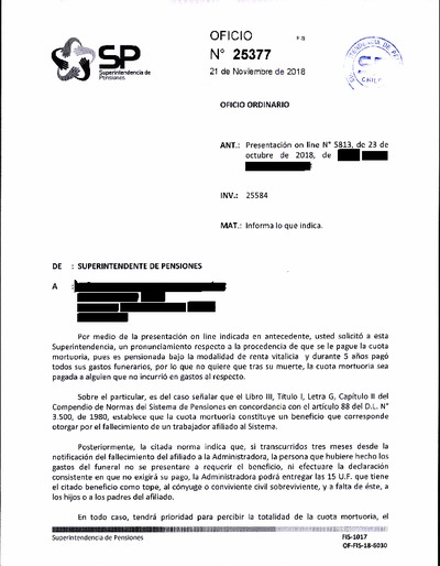 Oficio Ordinario Nº 25377, del 21 de noviembre de 2018