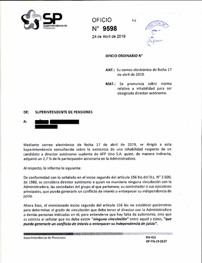 Oficio Ordinario Nº 9598, del 24 de abril de 2019