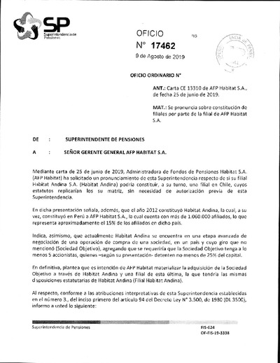 Oficio Ordinario Nº 17462, del 9 de agosto de 2019