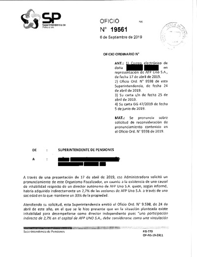 Oficio Ordinario Nº 19561, del 6 de septiembre de 2019