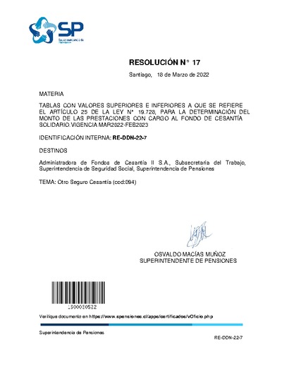 Resolución Exenta N° 17, del 18 de marzo de 2022, que actualiza tablas de valores superiores e inferiores del artículo 25 de la Ley N° 19.728.