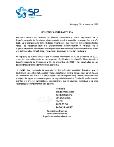 Opinión de Auditoría Interna sobre Estados Financieros y Notas Explicativas de la SP 2021.