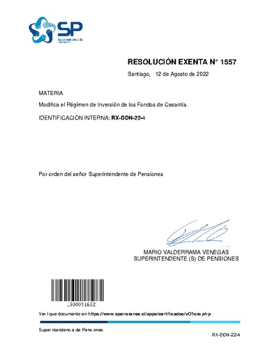 Resolución Exenta N° 1557, del 12 de agosto de 2022, que modifica el Régimen de Inversión de los Fondos de Cesantía.