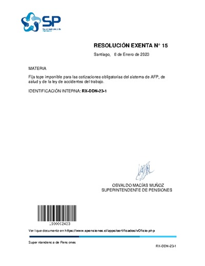 Resolución Exenta N° 15, del 3 de enero de 2023, que fija tope imponible para las cotizaciones obligatorias del sistema de AFP, de salud y de la ley de accidentes del trabajo.