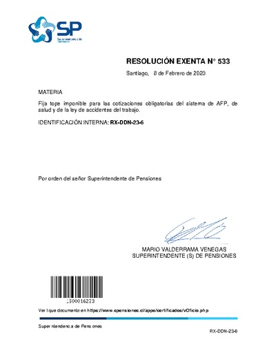 Resolución Exenta N° 533, del 8 de febrero de 2023, que fija tope imponible para las cotizaciones obligatorias del sistema de AFP, de salud y de la ley de accidentes del trabajo.