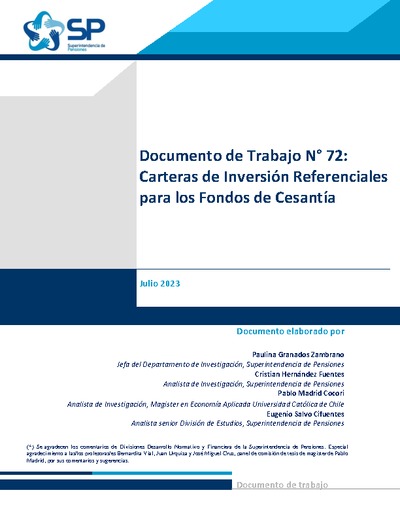 Documento de Trabajo N° 72: Carteras de Inversión Referenciales para los Fondos de Cesantía