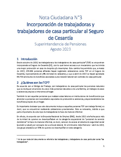 Nota Ciudadana N°3: Incorporación de trabajadoras y trabajadores de casa particular al Seguro de Cesantía, agosto 2023