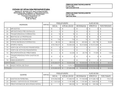 Estado de Situación Presupuestaria de la Superintendencia de Pensiones, desde el 1 de enero al 31 de diciembre de 2022.
