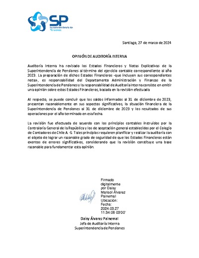 Opinión de Auditoría Interna sobre Estados Financieros y Notas Explicativas de la SP 2023.