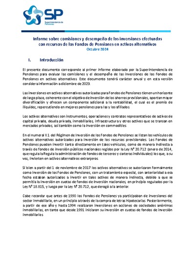 Informe sobre comisiones y desempeño de las inversiones efectuadas con recursos de los Fondos de Pensiones en activos alternativos
