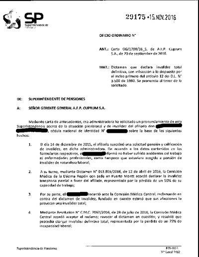 Oficio Ordinario Nº 29175, del 15 de noviembre de 2016