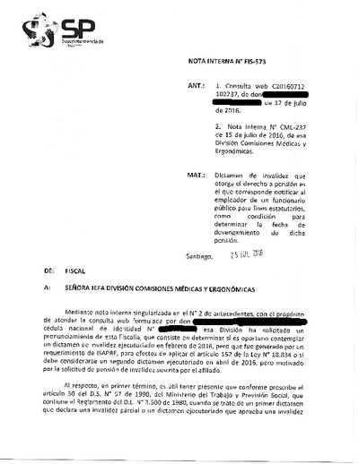 Nota Interna N° 573, del 26 de julio de 2016