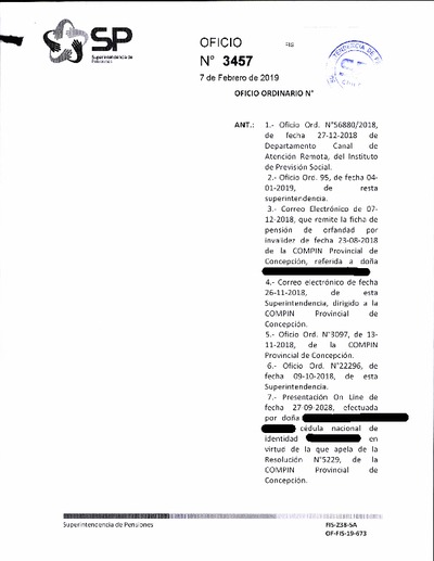 Oficio Ordinario Nº 3457, del 7 de febrero de 2019