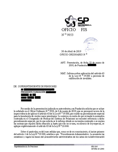 Oficio Ordinario Nº 9853, del 30 de abril de 2019