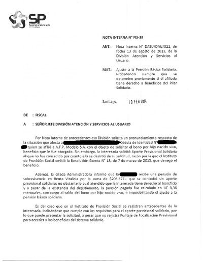 Nota Interna N° 39, del 10 de febrero de 2014