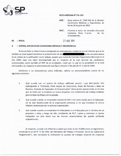 Nota Interna N° 647, del 22 de agosto de 2013