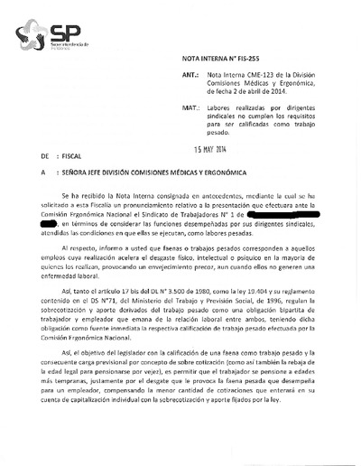 Nota Interna N° 255, del 15 de mayo de 2014
