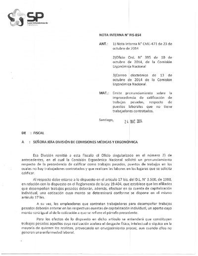 Nota Interna N° 854, del 24 de diciembre de 2014